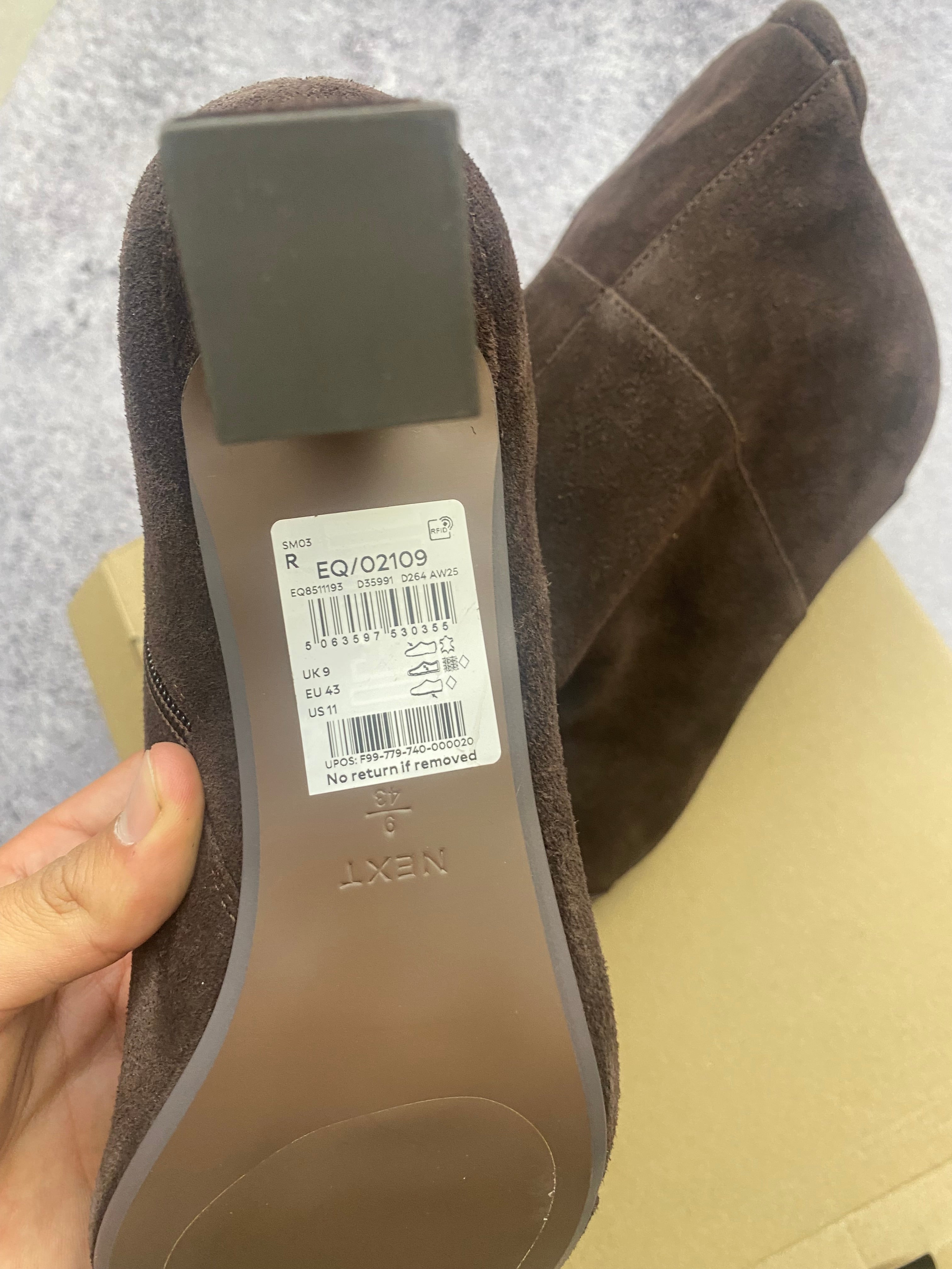 Next Knee High Suede Boots Brown Pointed Toe Block Heel Premium 43