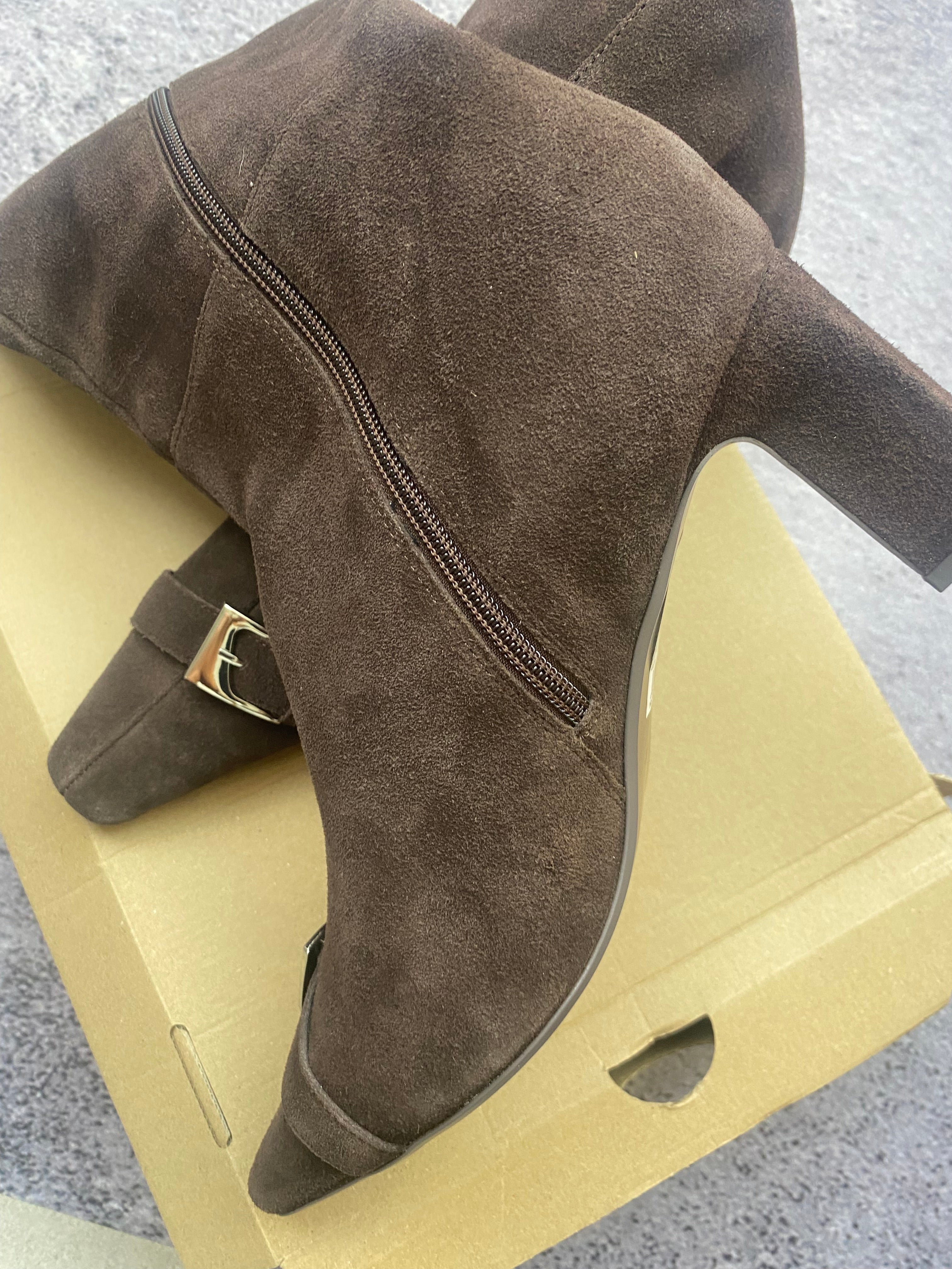 Next Knee High Suede Boots Brown Pointed Toe Block Heel Premium Kozaki 43