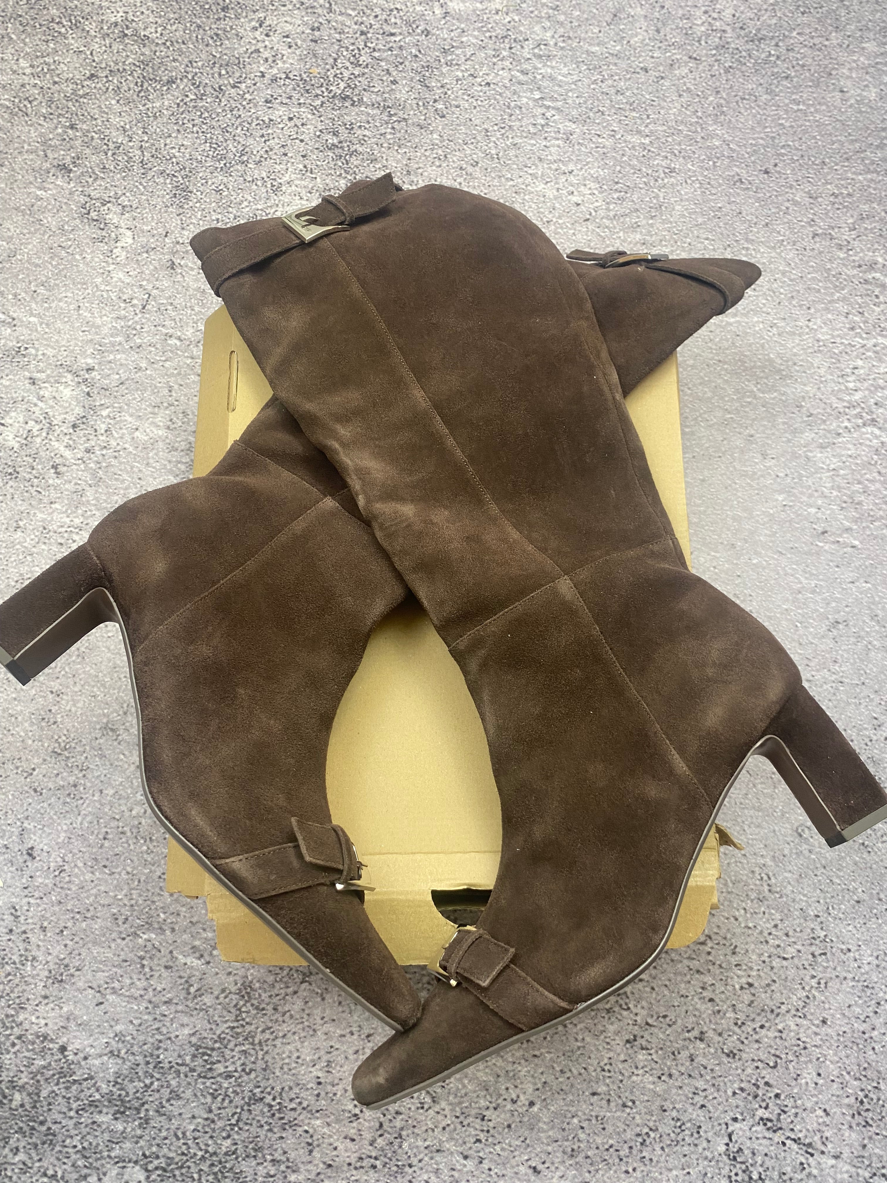 Next Knee High Suede Boots Brown Pointed Toe Block Heel Premium Kozaki 43