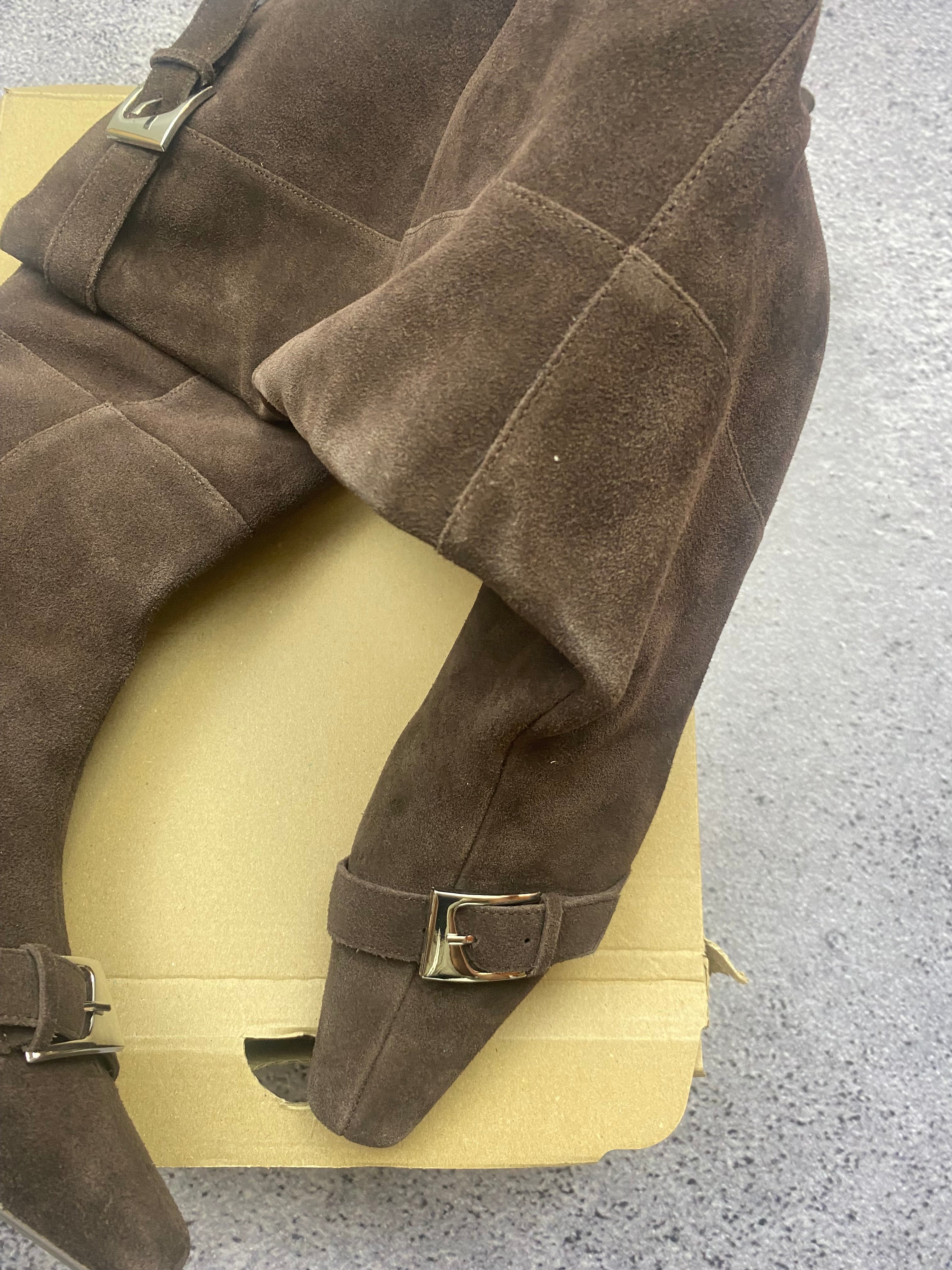 Next Knee High Suede Boots Brown Pointed Toe Block Heel Premium Kozaki 43